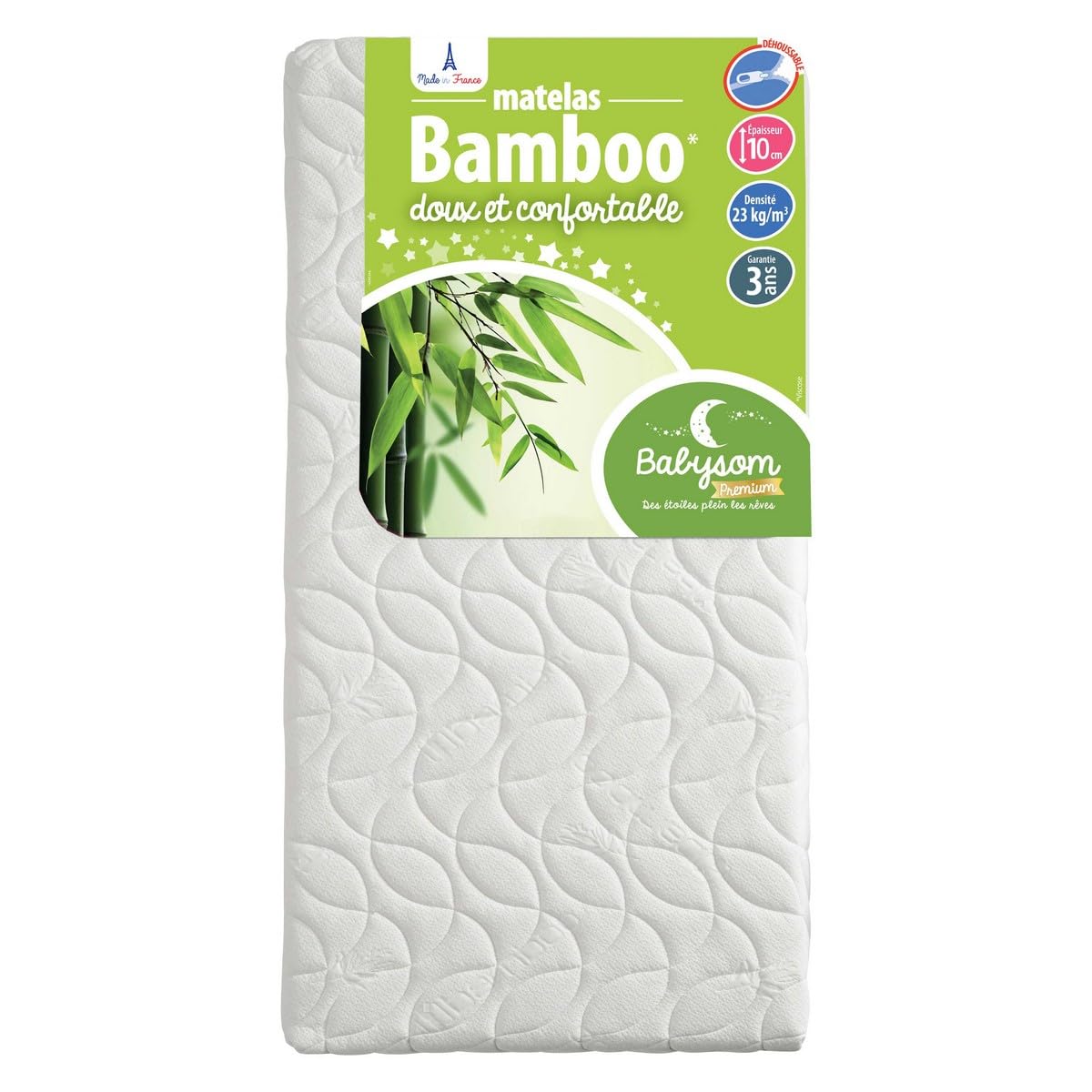 Babysom - Materac dziecięcy Bamboo - 60x120 cm | Ultra miękka w dotyku wiskoza | Przewiewna i chłonna | bez obróbki chemicznej | Grubość 10 cm | Zdejmowany | OEKO-TEX | Wyprodukowano we Francji