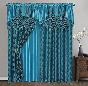 Circle Cycle. Clipped Voile. Voile Jacquard Window Curtain Drape with Attached Fancy Valance and Taffeta Backing. 2pcs Set. Each pc 54 inch Wide x 84 inch Drop + 18 inch Valance. (Turquoise)