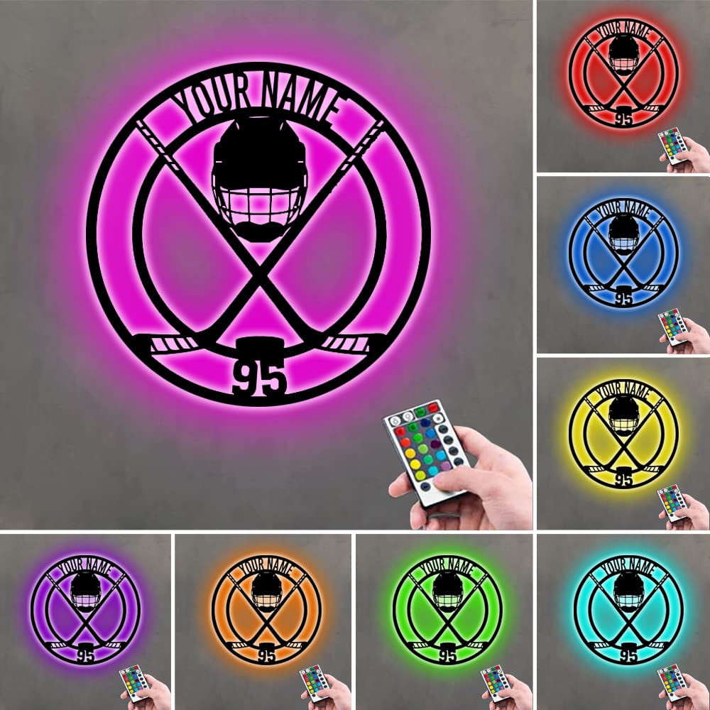 Ozinna Personalizzato Nome e Hockey Metallo Segno Lampada LED 16 Colori con Telecomando Decorazione d'Arte da Parete Regali di Natale per Feste di Compleanno Decorazioni per la casa,style 4