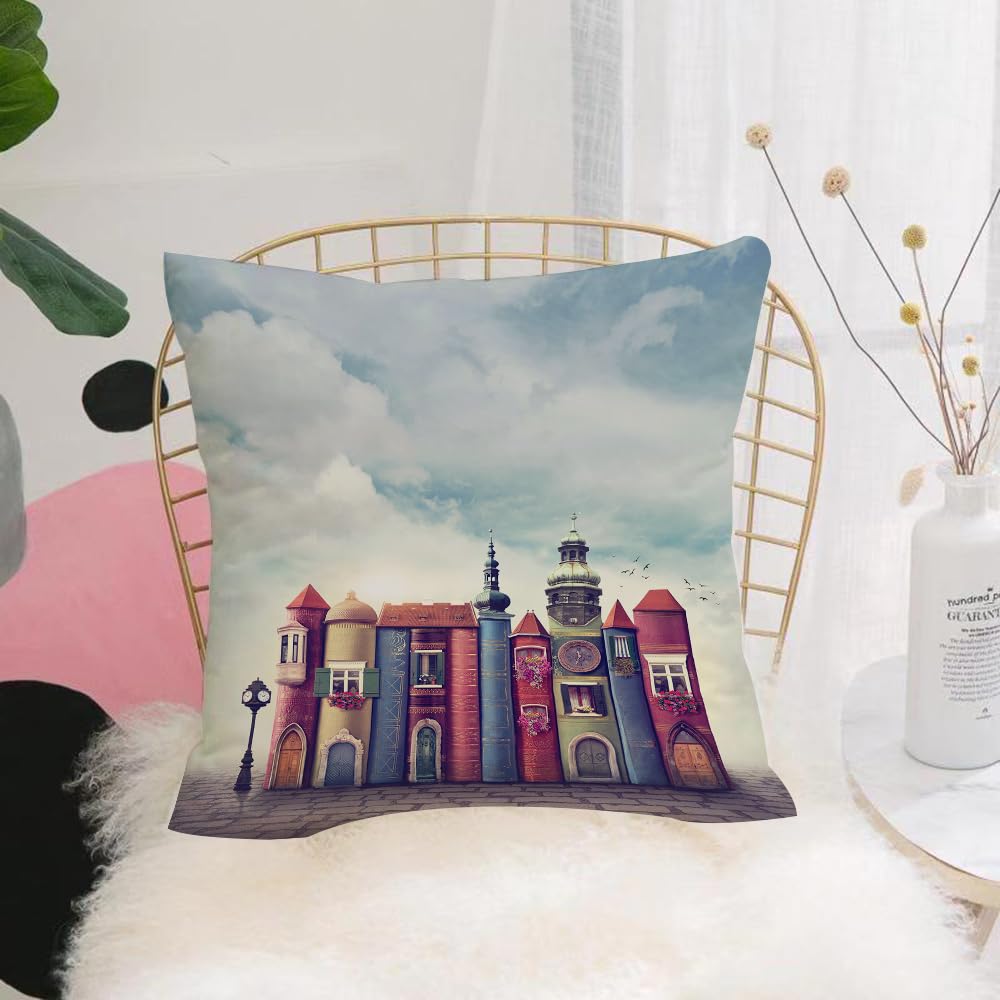 HYMSXW Cushion Cover,Throw Pillow Case Home Decorative for Living Room Bedroom Sofa Chair 20X20 Inch,City with Old Books Style Buildings Birds Cloudy Sky Liter,Pillowcase 50X50cm