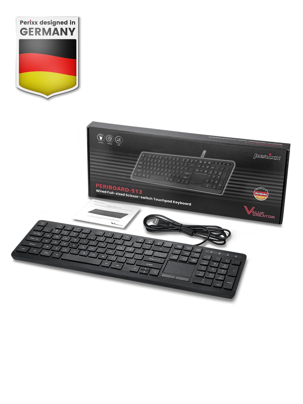 Perixx PERIBOARD-513III Kabelgebundene Full-Size-Tastatur mit integriertem Touchpad – Leise Scherentasten – Multimedia-Hotkeys – DE-Layout