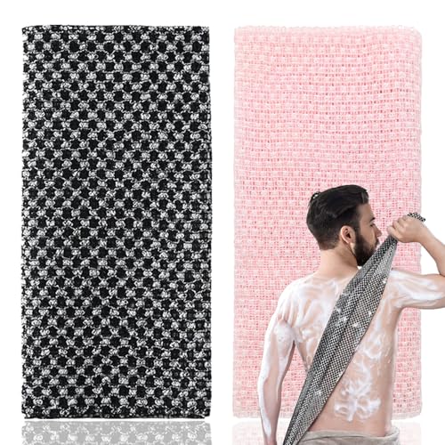 2Pcs Japanese Exfoliating Towel Exfoliating Shower Towel Extra Long Exfoliating Washcloth for Men Women Exfoliating Body Scrubber for Cleaning&spa(Black+Pink)