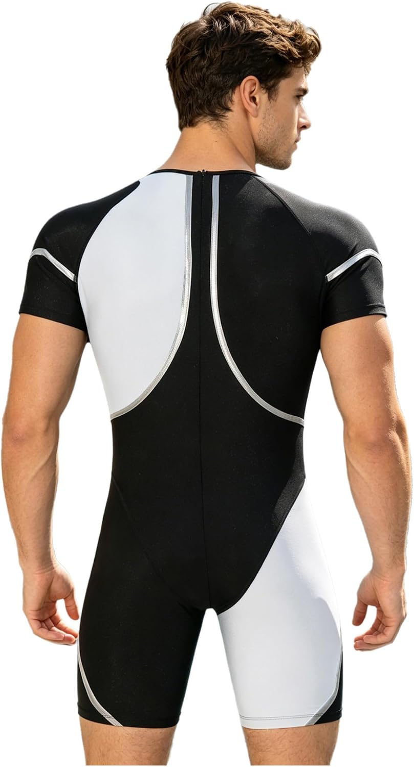 Men Slim Fitness Mankini Jumpsuit Muscle Tight Clubwear | Boxers Wrestling Singlets,Colorblock,Jockstrap Unitards,Stretchy Quick Dry Fabric,Crew Neck One Piece Swimsuit,Silky Tights