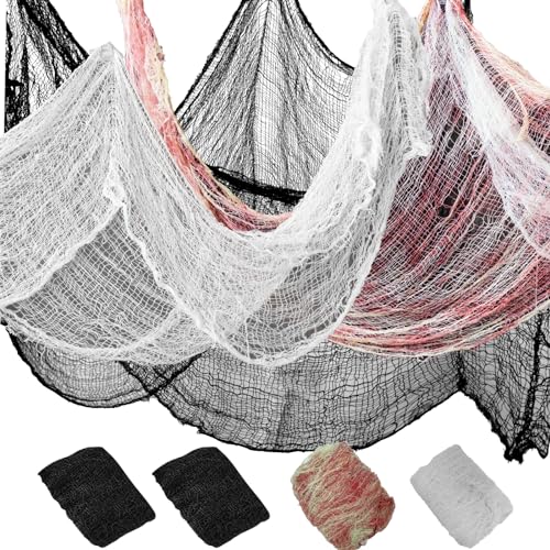 NEBURORA Halloween Creepy Cloth 4pcs Black White Blood Red Halloween Spooky Gauze 72x30inch Scary Party Decoration for Garden Yard Home Stair Handrail Ceiling Windows Haunted House