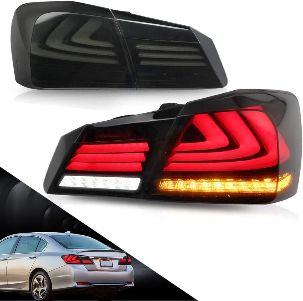 MICROPOWER LED Tail Lights for Honda Accord 4 Door 8th Gen Sedan 2013 2014 2015 with Amber Sequential Turn Signal, Full LED DRL, Smoke