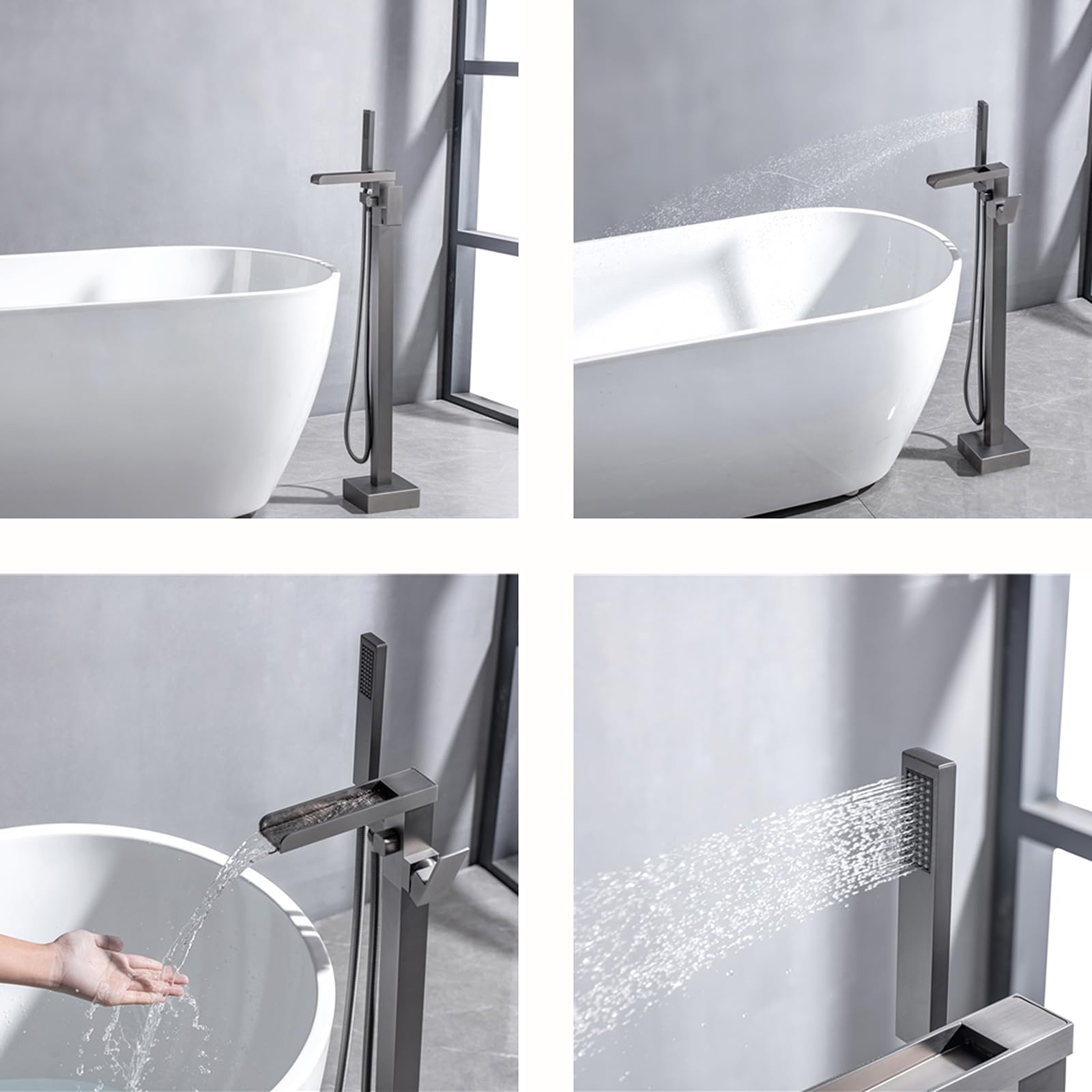 Grifo Mezclador de Bañera Y Ducha Grifo de Bañera Independiente Cascada Monomando 2 Funciones Conexión A La Pared Agua Fría Y Caliente Grifo de Bañera de Pie Gris