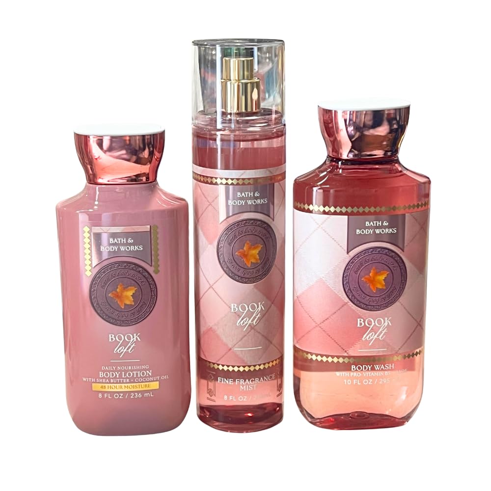 Bath & Body Works BOOK LOFT Fine Fragrance Mist, Body Wash & Body Lotion 3pc Gift Set with a Blue Bow for Holidays – Full Size