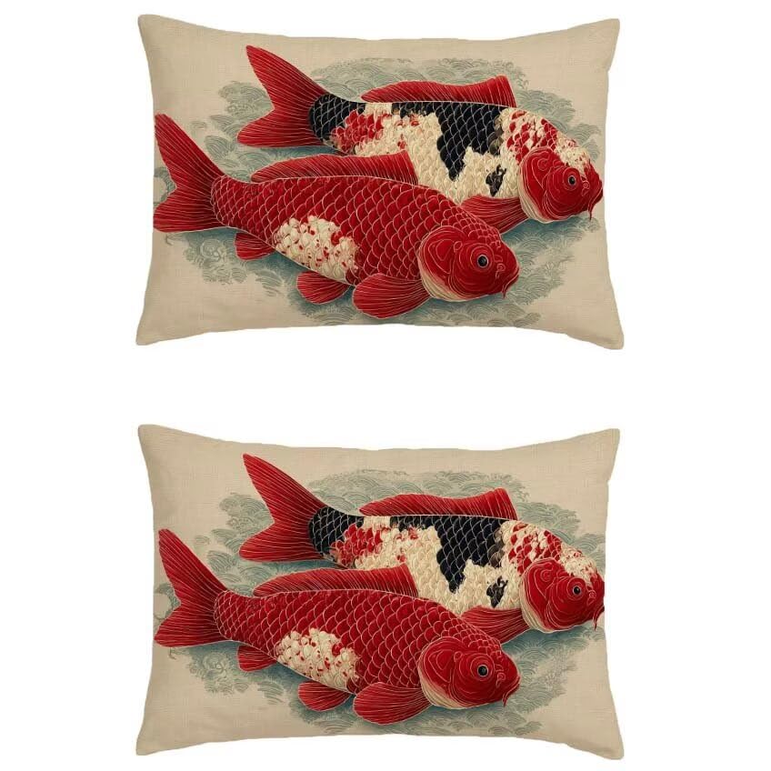 Housse de coussin 70x90cm imperméable en lin lot de 2 motif poissons rouges pour salon