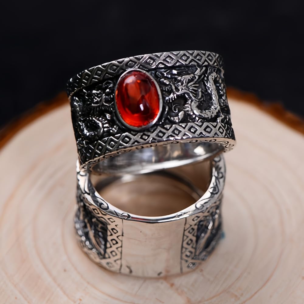 ForFox Anello Doppio Drago Cinese in Argento Sterling 925 Nero con Pietra per Uomo Donna