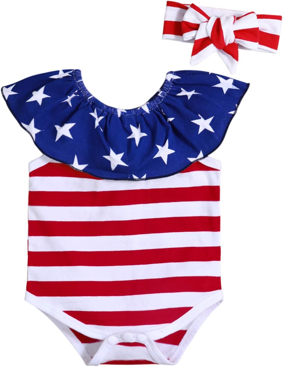 4th of July Clothes Newborn Baby Girl Independence Day American Flag Stripe Star Romper with Headband