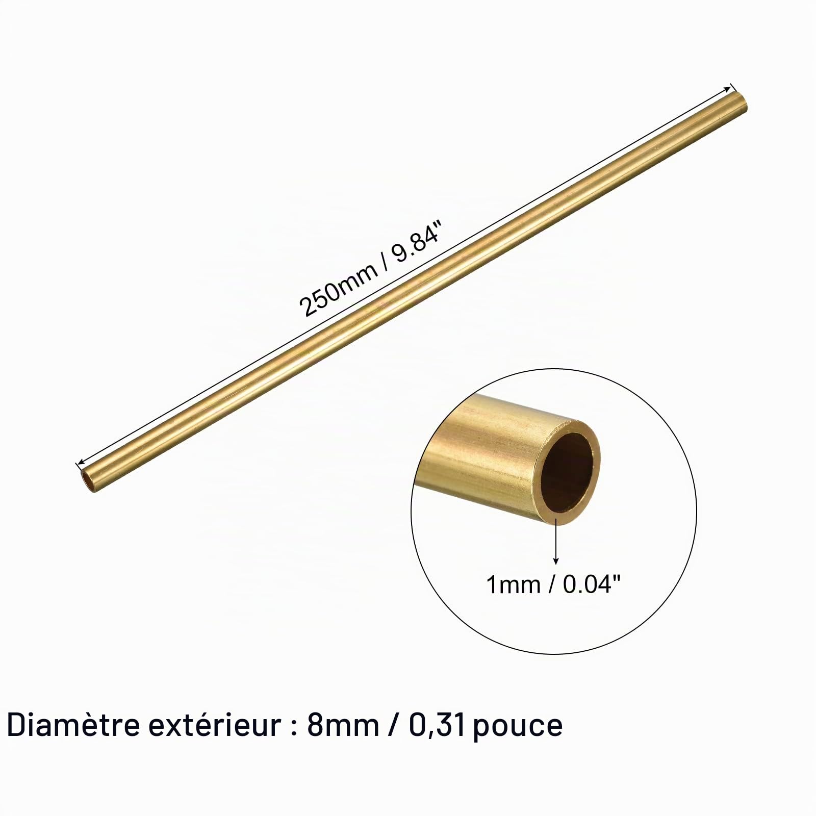 QUARKZMAN Laiton Tube, 8mm OD 1mm Paroi Épaisseur 250mm Longueur Rond Tuyau Tube pour Industrie, Bricolage Projets