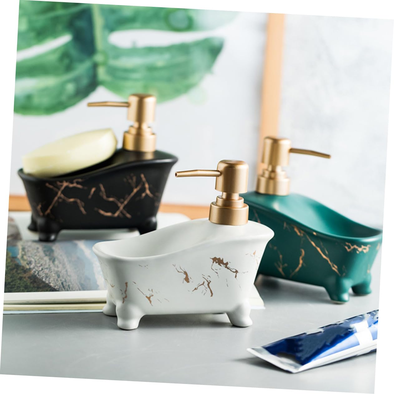 STOBAZA 1 Stück Ceramic Shampoo Dispenser für Badezimmer Eleganter Pumpspender Grün für Duschgel Lotion und Flüssigseife Wiederverwendbar und Nachfüllbar Einfacher Zugang zum Nachfüllen