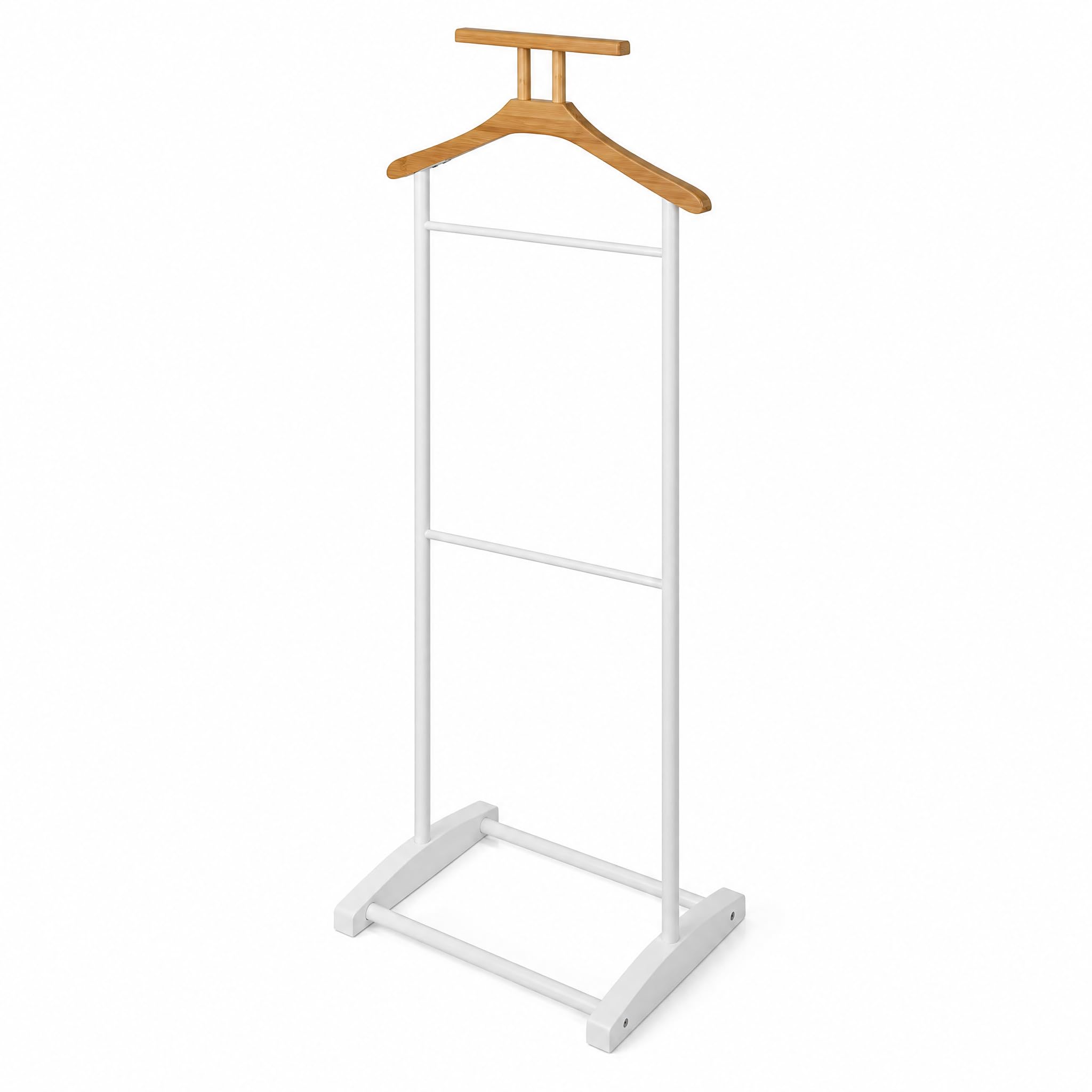 Perchero Galán de Noche de Metal Blanco con Percha de Madera 45×28×109 cm