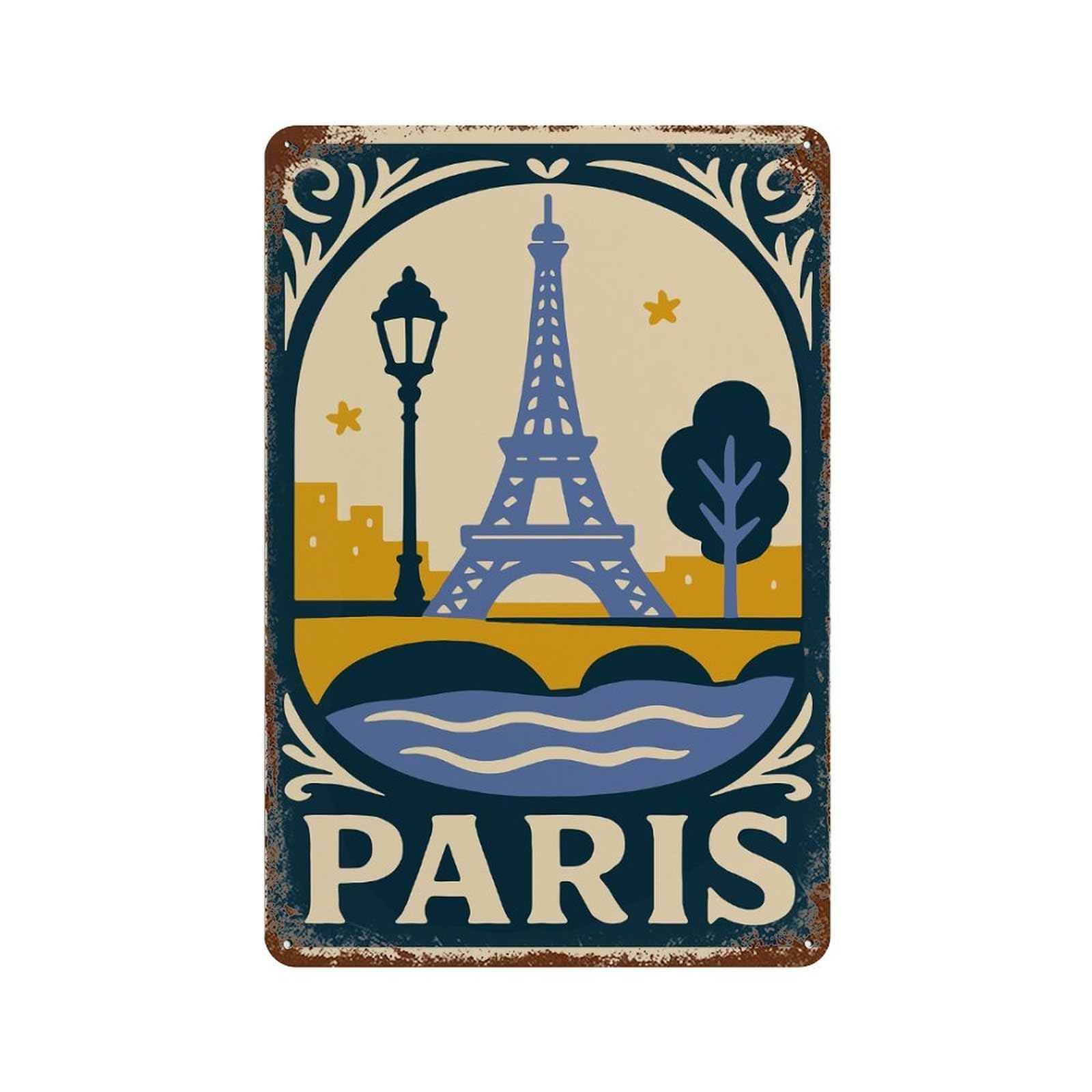 Rust Effect Paris Illustration with Eiffel Tower Rusty Metal Tin Sign 11.8"x7.9", Industrial Home Decor for Living Room, Hallway And Home Decor