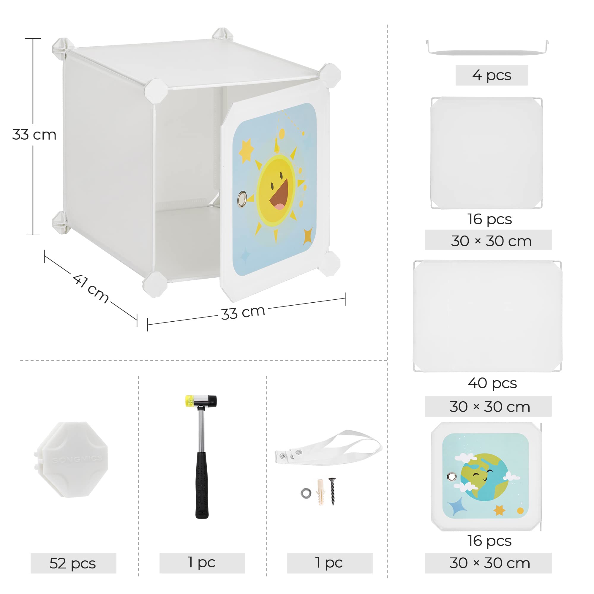 SONGMICS Kleiderschrank, DIY-Aufbewahrungsschrank, für hängende Kleidung, Aufbewahrung, für Kinder, mit 16 Würfeln, 4 Hängestangen, 123 x 41 x 123 cm, weiß LPC905W01