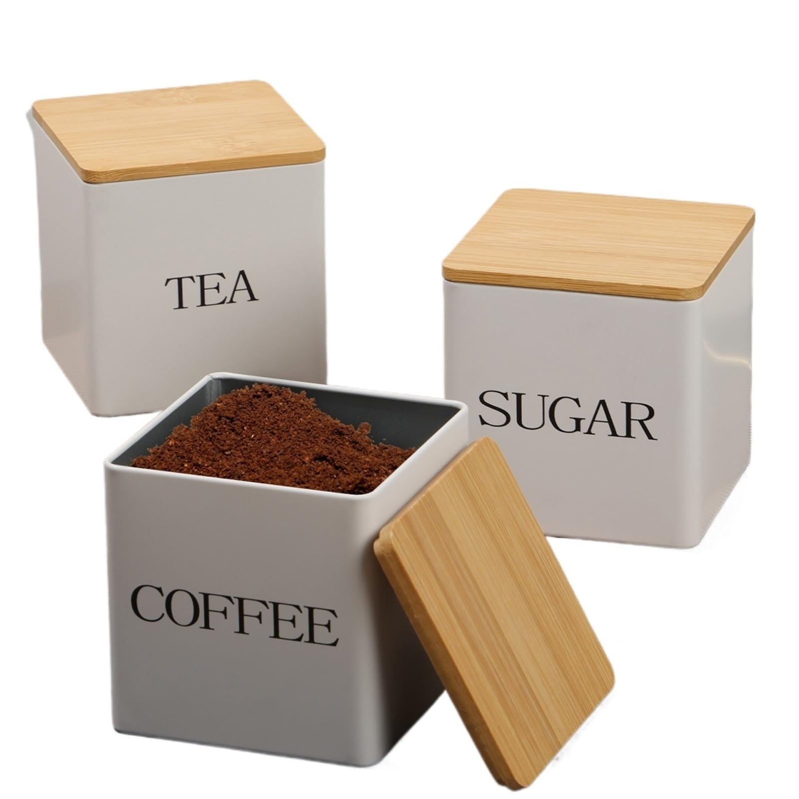 FDBTYJN Tea Caddy 3Pcs Coffee Bean Storage Canisters Tea Sugar Vacuum Sealed Jars Iron Heat Kitchen Cream Can Airtight Lid(White1)