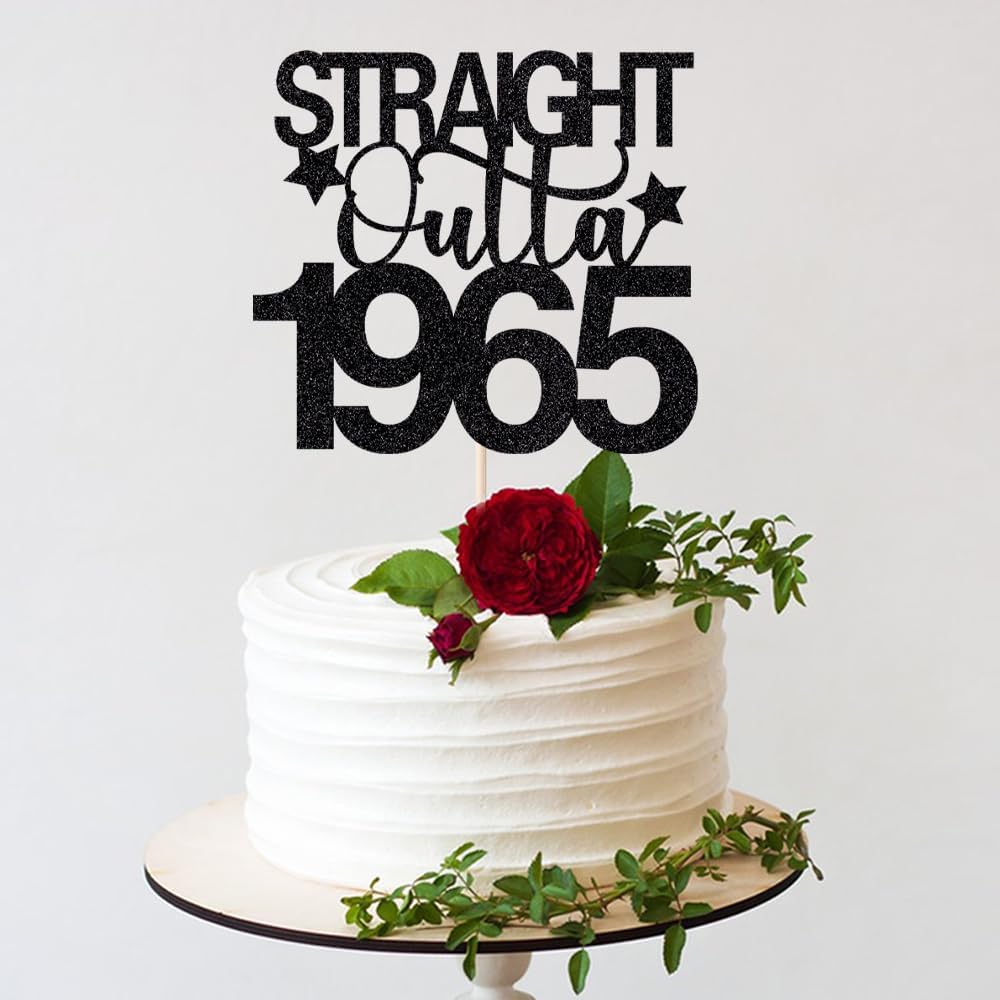Black Glitter Straight Outta 1965 Cake Topper Men and Women 60th Birthday Cake Topper 60 and Fabulous/Wedding Anniversary Party Sign Decorations