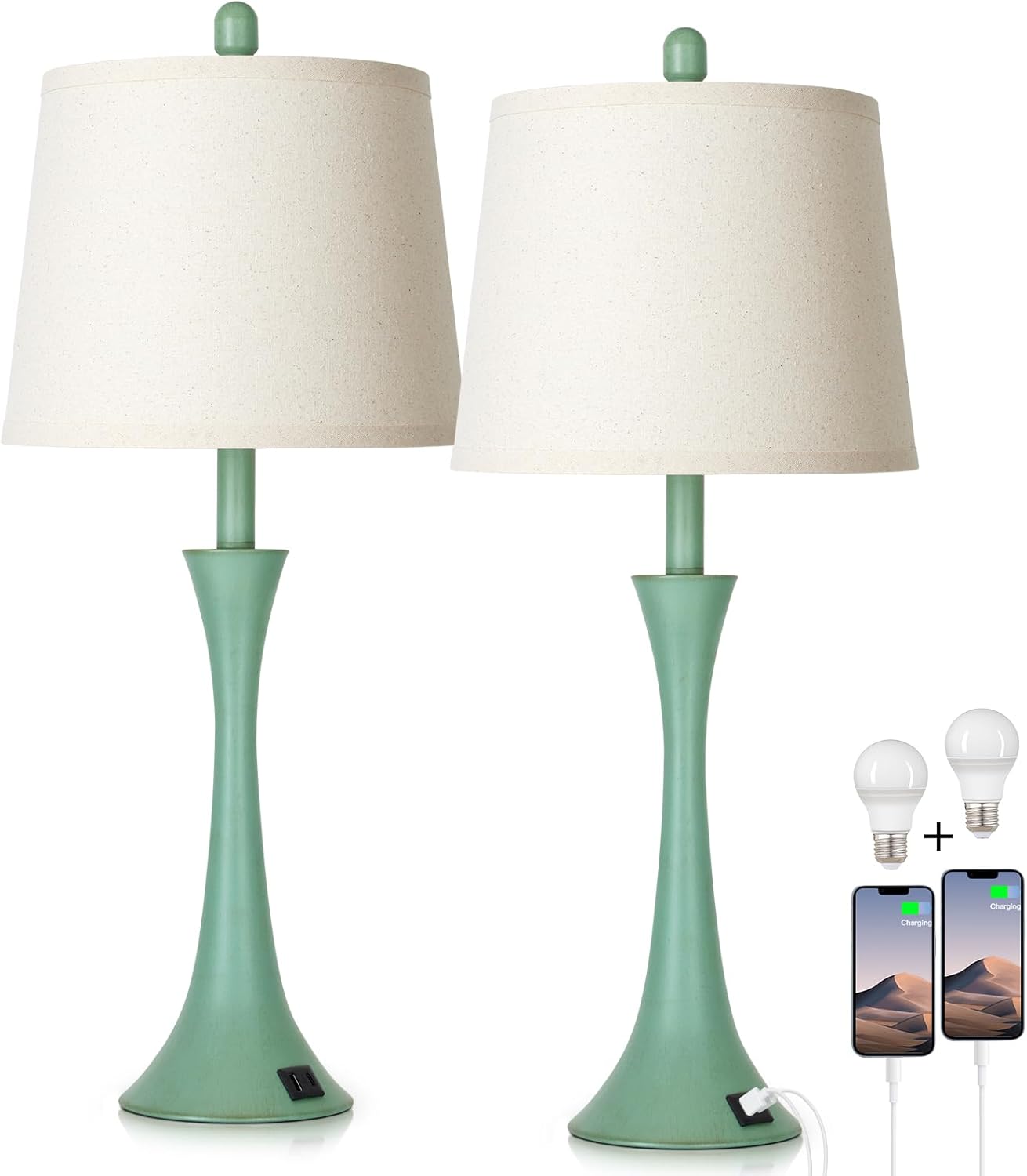 Rinweey Coastal Modern Green Table Lamps Set of 2 for Living Room, 27.5" Tall Bedside Lamp with USB Charging Port,3-Way Dimmable Touch Nightstand Lamp for Bedroom Desk Side Table Office,Green