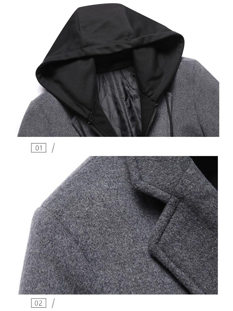 Cappotto da Uomo Lungo Invernale Coat in Lana Sintetica con Collo a Cappuccio Staccabile Cappotti Lana Sottile Cappotto Trench Casuali Outerwear a Vento