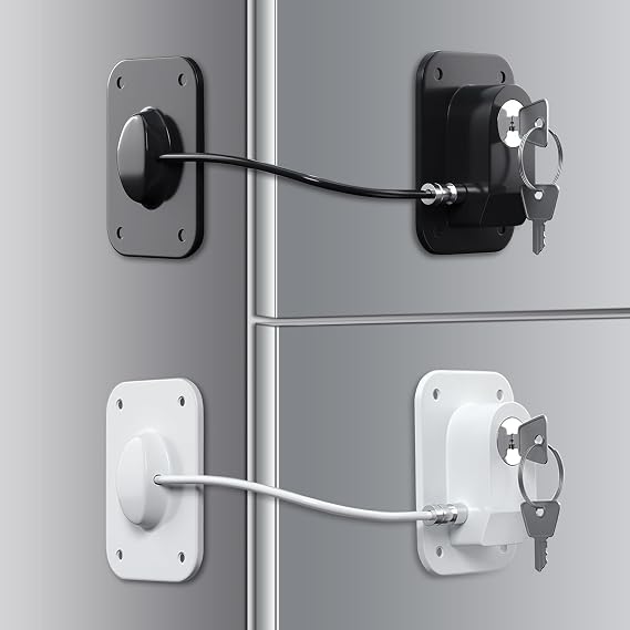 RORMGO Refrigerator Lock 2 Packs, Baby Proofing Fridge Locks with Silicone Wire Protection & Key - Easy Install Surface-Friendly for Freezer & Refrigerator, Black & White