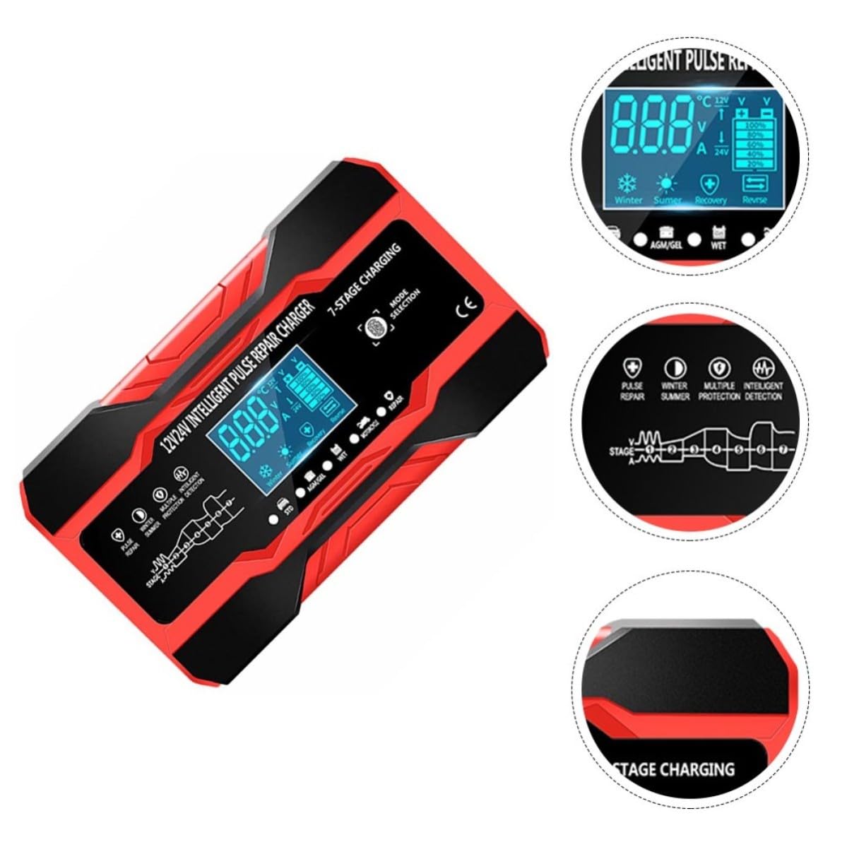 Tofficu Chargeur de Batterie Intelligent 12v 24v Rouge Portable Fonction de Réparation à Impulsions et Protections Multiples pour Voiture Usage Extérieur