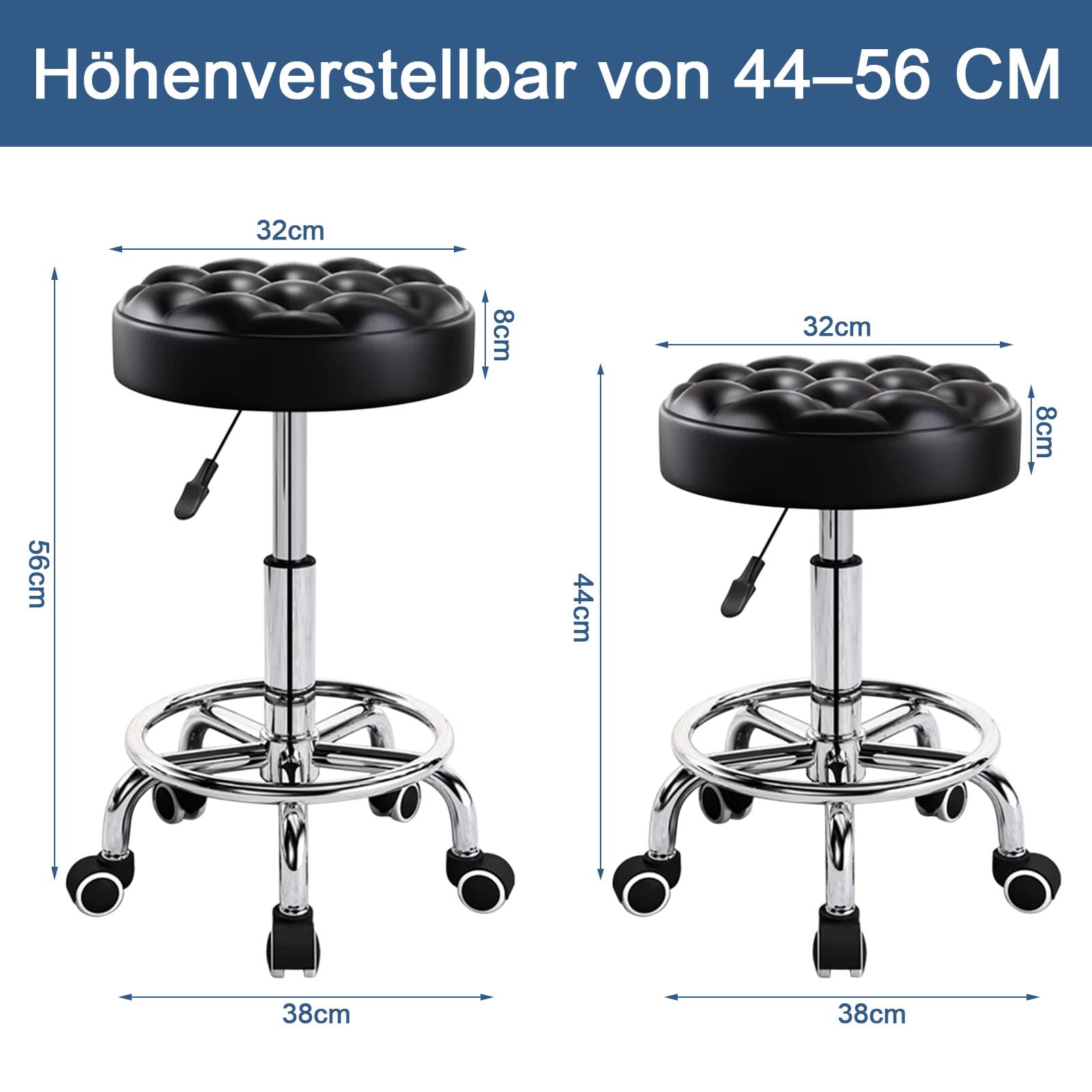 W&H sgabello girevole regolabile in altezza, sgabello con ruote fino a 150 kg, sgabello girevole a 360° sgabello da ufficio, sgabello regolabile in altezza 44-56 cm, sgabello girevole per salone e spa