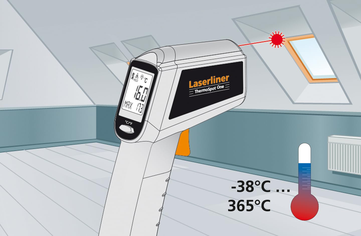 Laserliner Thermomètre Infrarouge ThermoSpot One, Thermomètre Numérique pour Surfaces, -38 °C à +365 °C, Mesure sans Contact, avec Laser de Visée