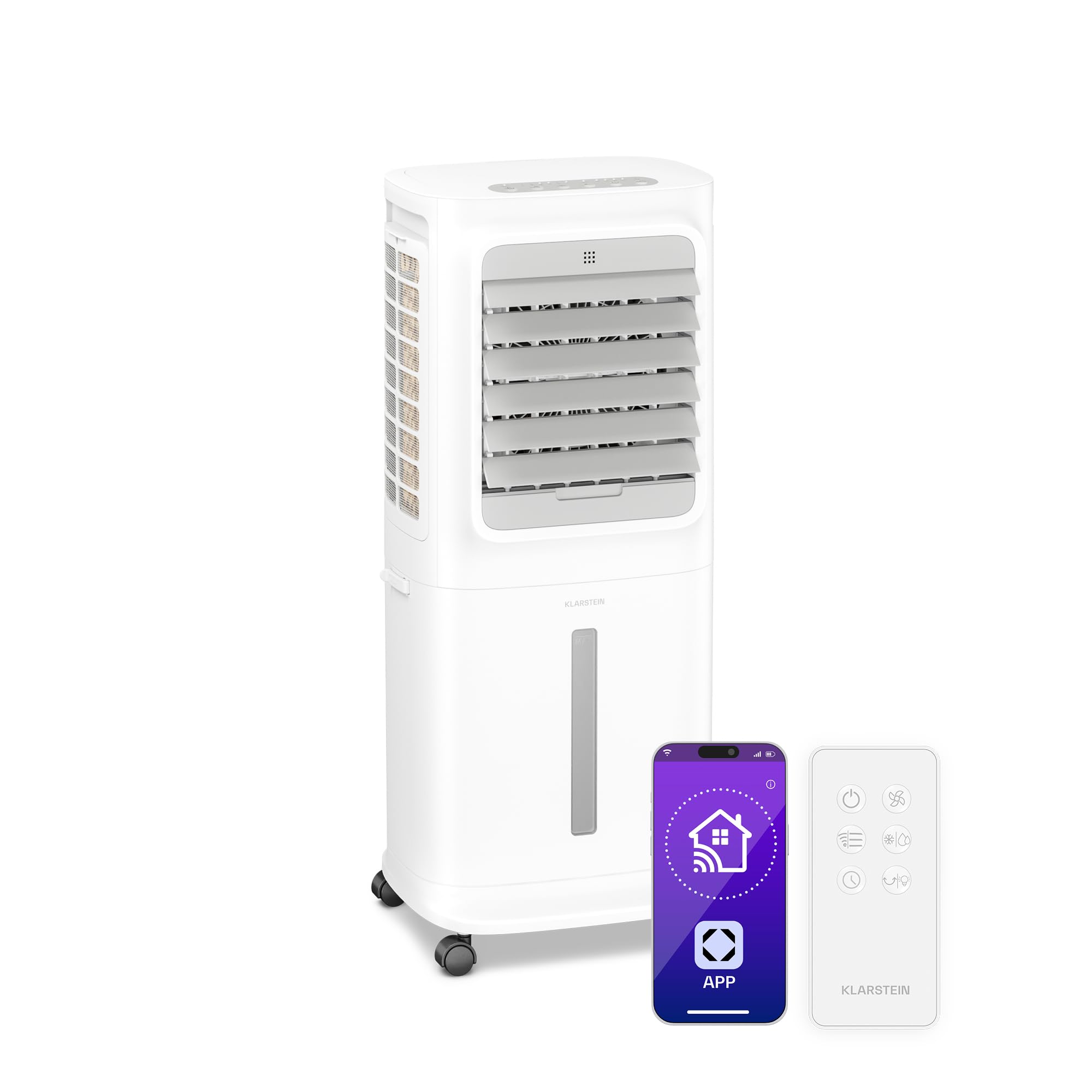 KLARSTEIN Climatizador Evaporativo, Ventilador con Agua 10L, Control App & Mando, 340 m³/h, Temporizador, Portátil para Hogar & Dormitorio, White