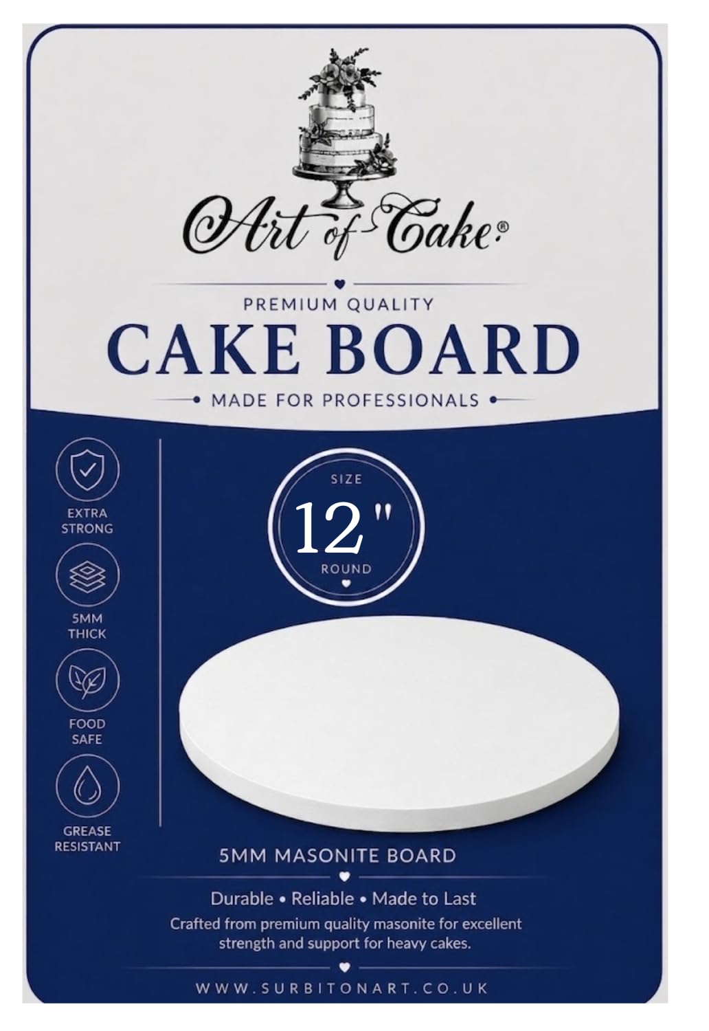 Art of Cake® 12 Inch Round Masonite Cake Board - Strong Cake Drum 5mm Thick 300mm - Reusable Grease Resistant Board for Birthday Wedding Tiered Celebration Cakes