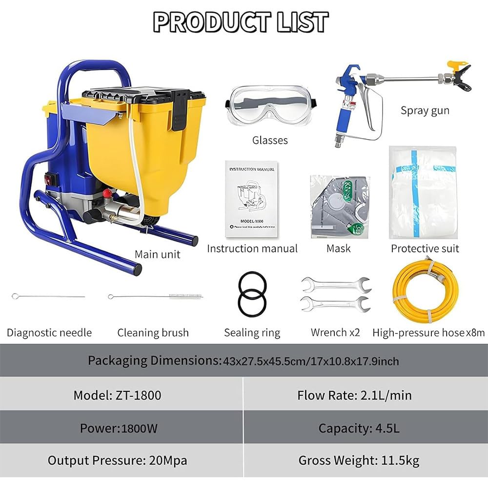 Macchina a Spruzzo per Vernice da Parete Airless ad Alta Pressione, Spruzzatore di Vernice con Pressione Stabile 20 MPa, Portata 2,1 L/min, atomizzazione a ventaglio per Finitura Liscia