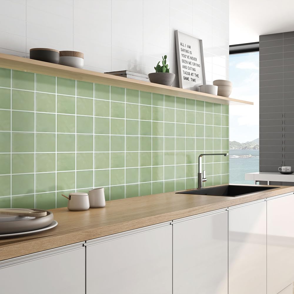 Commomy 3D Selbstklebend Fliesenaufkleber 30 x 30 cm PVC Matt Salbei Grün für Küche Bad Metro Wanddekor