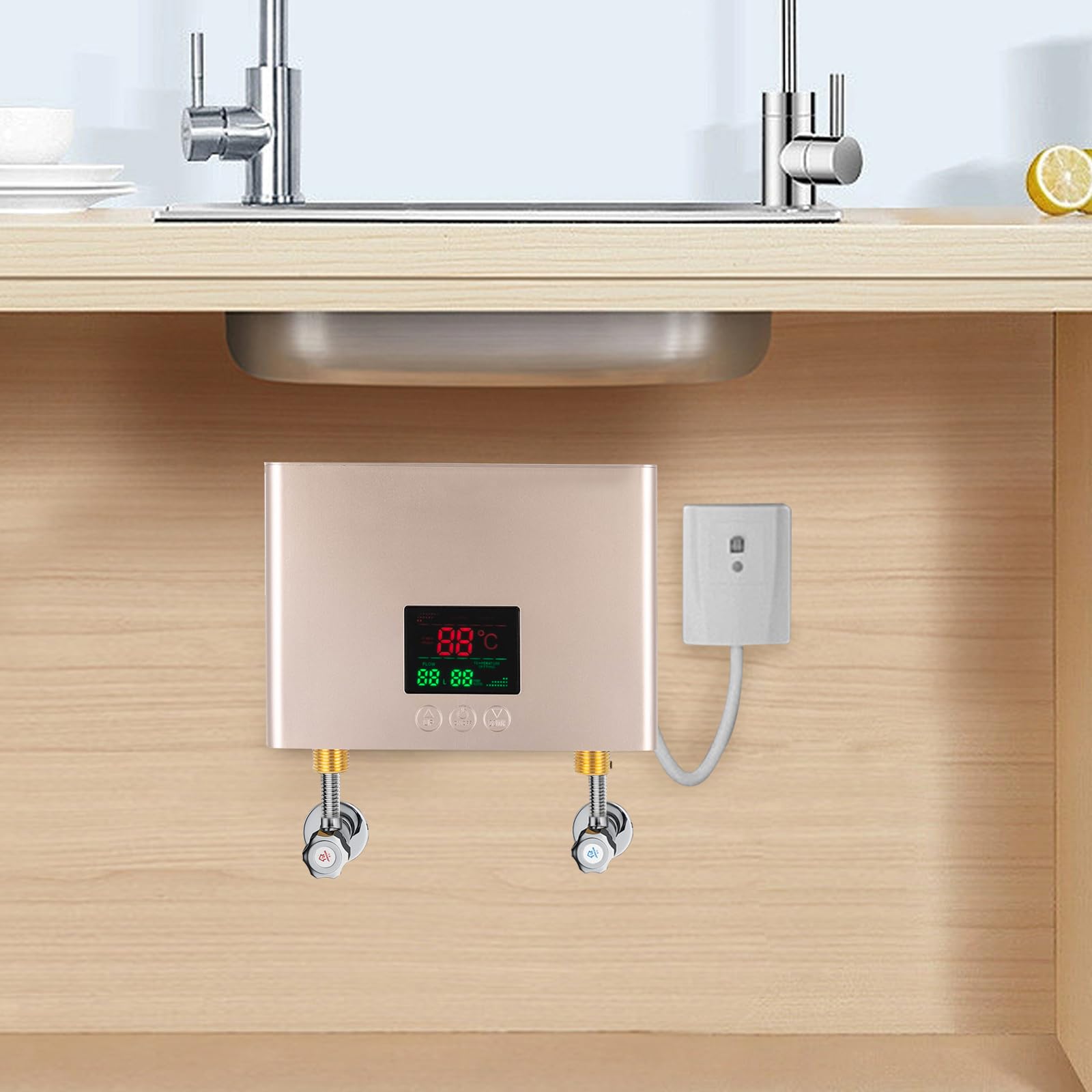 Podgrzewacz przepływowy 3000 W z wyświetlaczem LED 86-131°F, ścienny podgrzewacz przepływowy 3 sekundy, pilot zdalnego sterowania i funkcja pamięci, montaż 360°, do łazienki, przyczepy kempingowej
