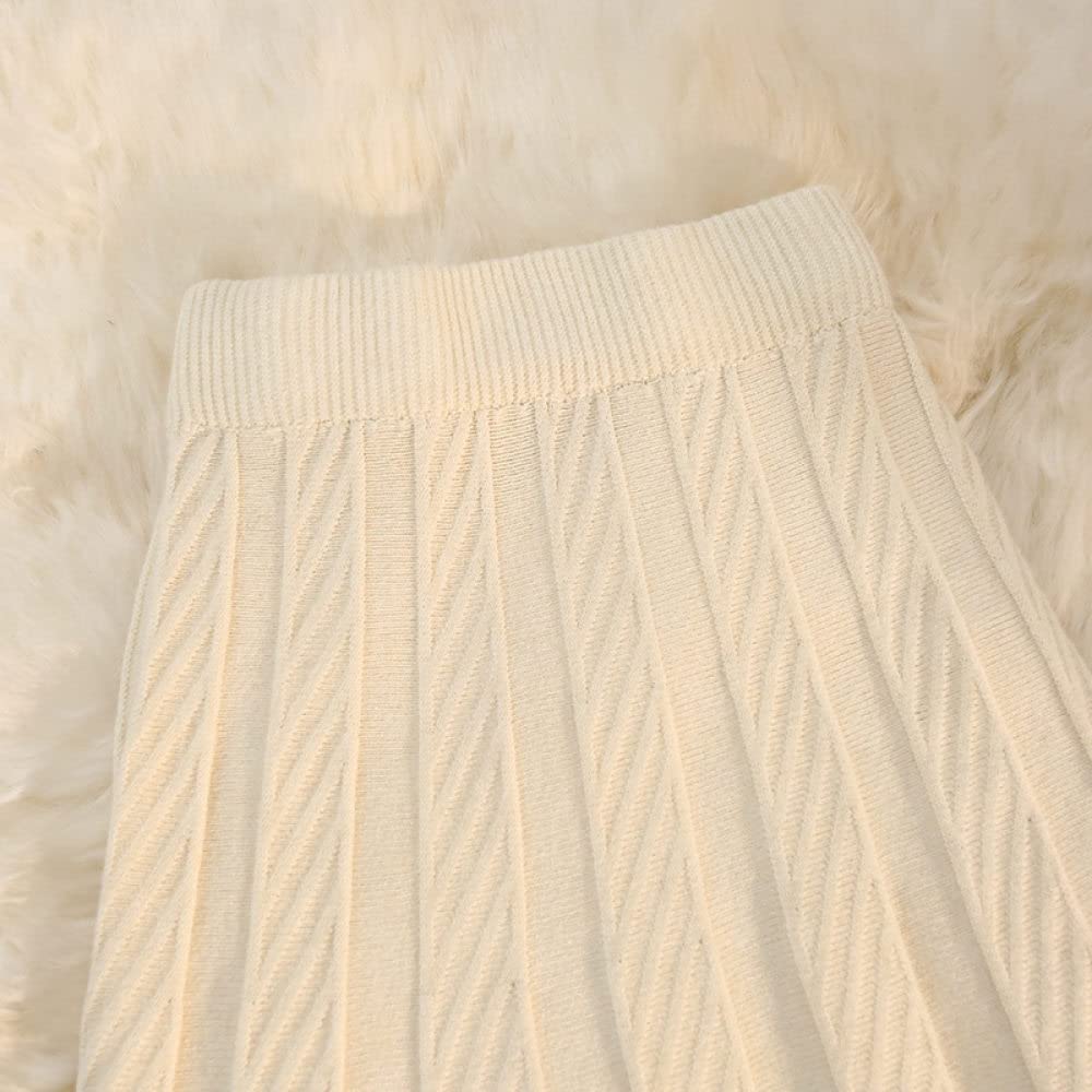 OZEO Röcke Für Damen,Damen-Midirock, Beige, Elastisch, Hohe Taille, Jacquard-Strick, Faltenrock, Einfarbig, A-Linie, Gerafft, Elegant, Herbst-Winter, Lange Röcke Für Mädchen, Damen,L