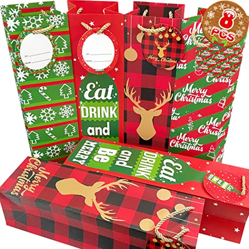Funnlot Christmas Wine Gift Bags 8pcs Christmas Wine Bottle Bags Wine Christmas Gift Bags Christmas Wine Bag With 8pcs Tissue Paper & 8pcs Christmas To-From Tags