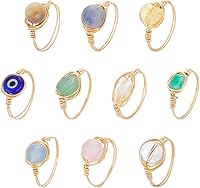 UNICRAFTALE 10PCS Adjustable Chakra Crystal Rings for Women - 10 Vibrant Gemstone Styles, Copper Wire Wrapped Healing Jewelry Set