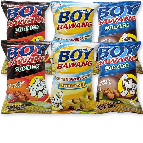 Boy Bawang Cornick Corn Nuts Bundle of 3 Flavors | 2x Hot Garlic, 2x Adobo, 2x Butter Golden Sweet Corn | 3.54oz each (Pack of 6)