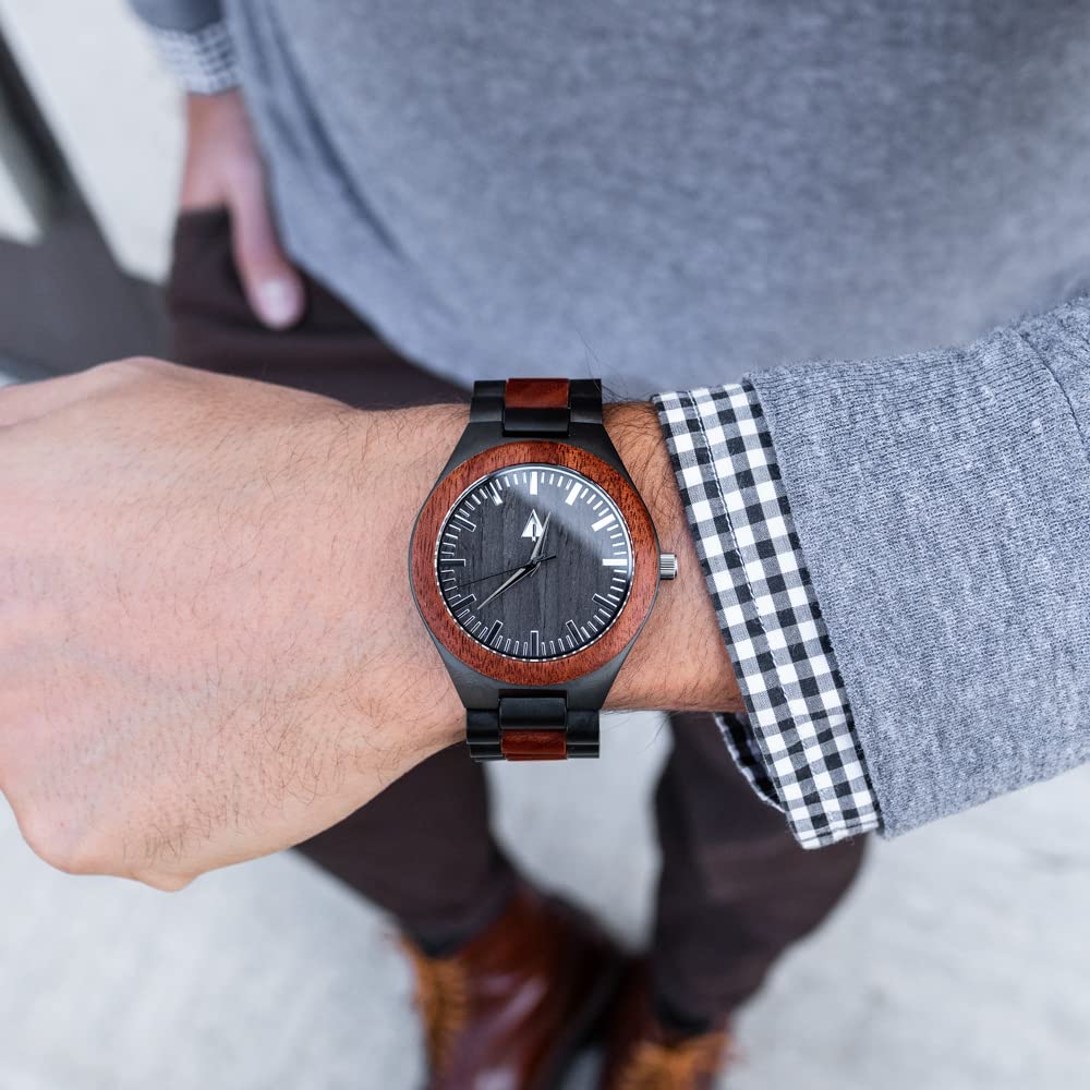 Treehut Wooden Watches for Men, Japanese Quartz Movement, Stylish Exotic Wrist Watch with Adjustable Stainless Steel Buckle, Wooden Straps, Watch Made from Ebony and Redwood, Relojes para Hombre