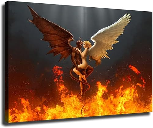 Lienzo de arte con alas de ángel y diablo y ángel con plumas blancas y negras, arte de pared, póster impreso HD en imágenes, decoración del hogar