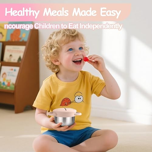 Miniatura 6 de Mity rain Paquete de 2 recipientes de acero inoxidable para niños pequeños con tapas y asas de silicona a prueba de derrames, tazas de aperitivos 3