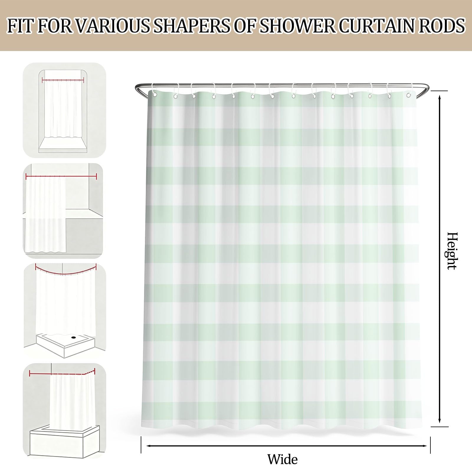 Rideau de Douche Moderne Minimaliste en Polyester imperméable et Lavable avec Crochets, 240 x 200 cm, Rideau de Salle de Bain Carreaux Campagne Carrés Vert Blanc Frais pour Salle de Bain