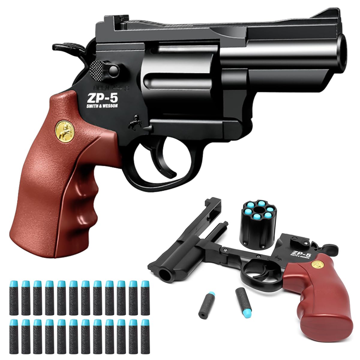 Pistola de Juguete,Revólver para Niños,Pistola de Juguete de Espuma,con 24 Balas EVA,para 7 años + Niños Entrenamiento de Tiro o Juegos al Aire Libre,Regalo para niños (Marrón)