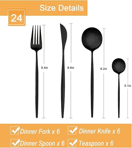 Miniatura 6 de Juego de cubiertos negros de 24 piezas para 6 cubiertos de acero inoxidable pulido con espejo coreano, moderno, incluye tenedores, cucharas,