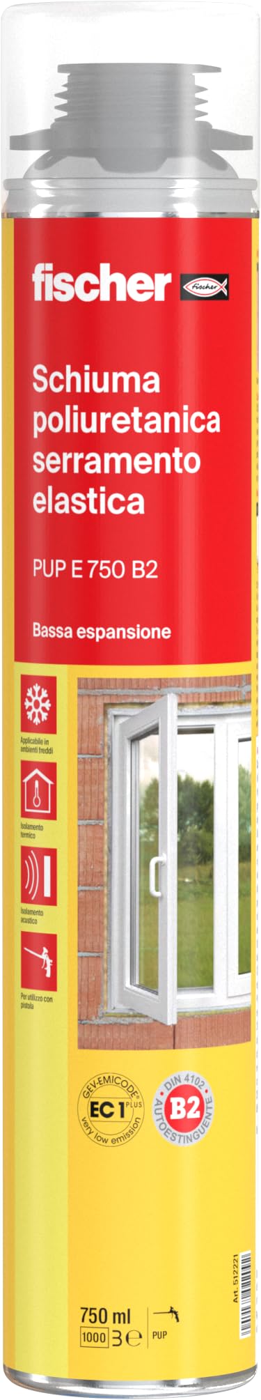 Fischer PUP E 750 Schiuma Poliuretanica ad Elevata Elasticità per Serramenti, Finestre, Telai, Porte, Isolante e Riempitiva, 512221