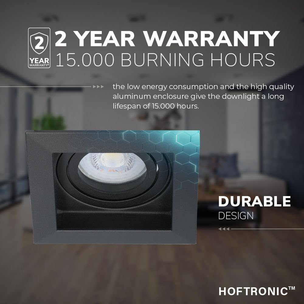 HOFTRONIC - LED Einbaustrahler 230V Eckig Schwenkbar Dimmbar Schwarz Extra Kaltweiß 6er set Deckeneinbauleuchte 6x345lm Einbauspots GU10 - Deckeneinbaustrahler, Wohnzimmer und Büro