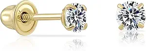 14k Yellow Gold Solitaire Round Cubic Zirconia Stud Earrings in Secure Screw-backs