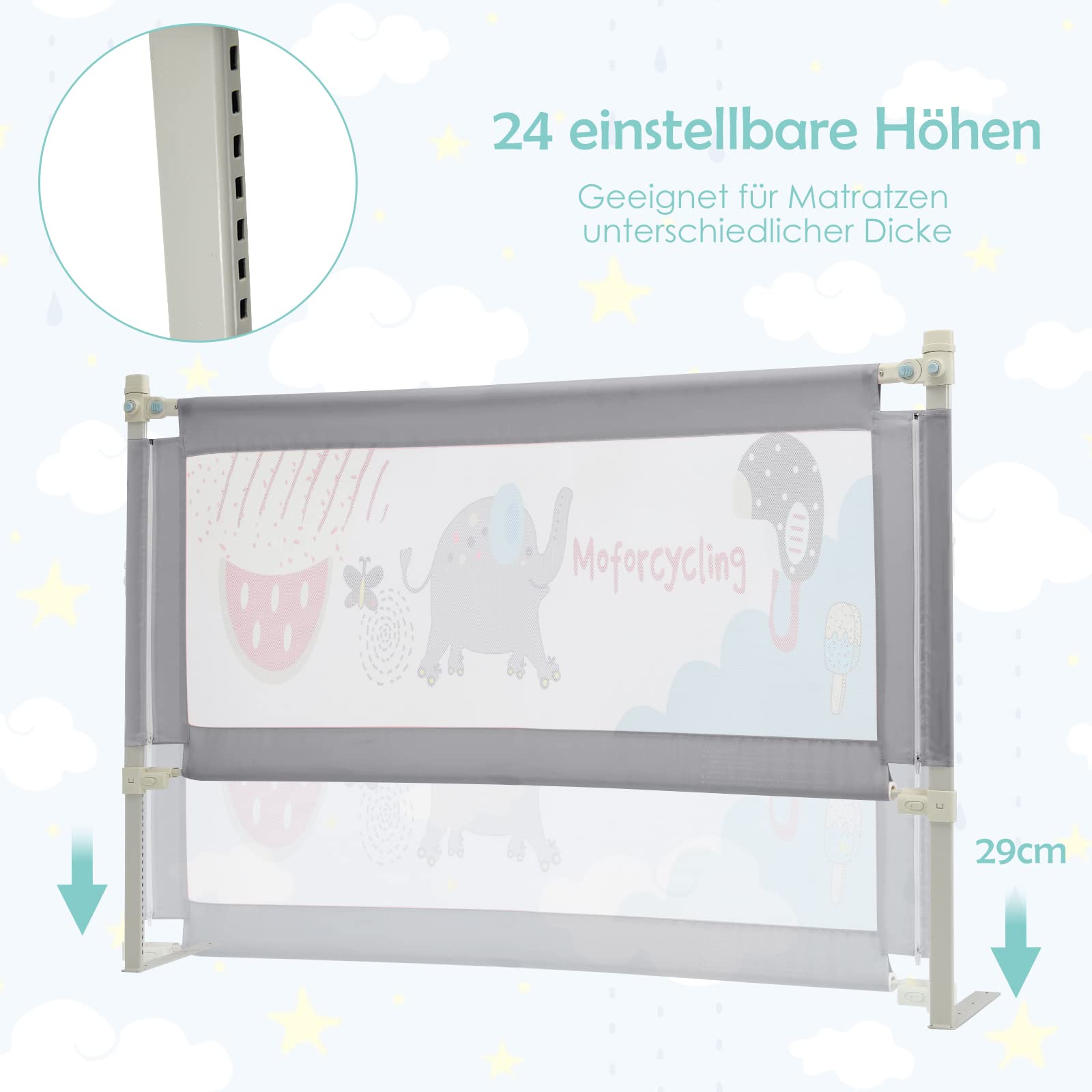COSTWAY 145 cm / 175 cm kratka do łóżka z podwójnym zamknięciem, 24 stopnie regulacji wysokości, pionowe otwieranie i opuszczanie, zabezpieczenie przed wypadnięciem ze sobą (145 cm, słoń)
