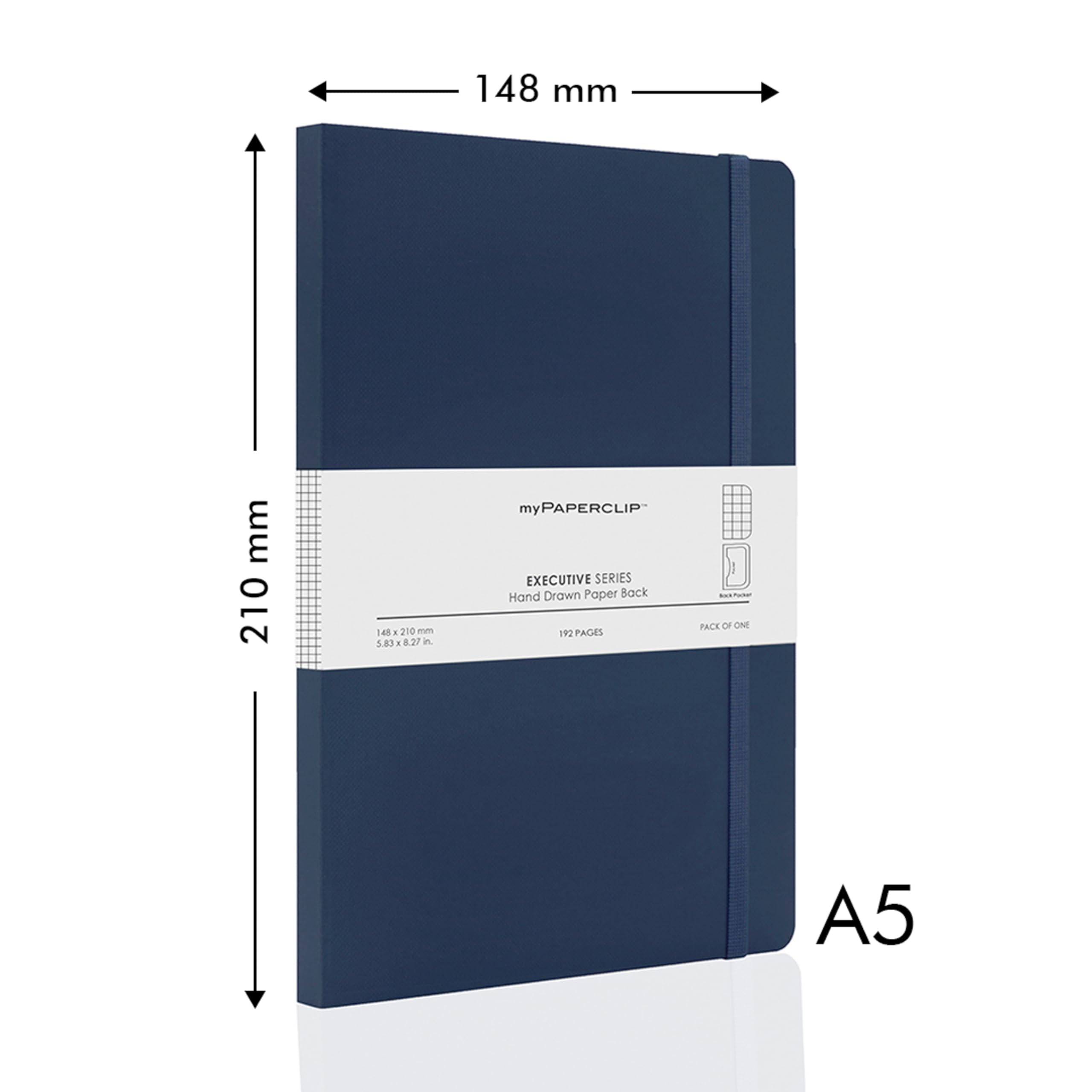 myPAPERCLIP Executive Series Notizbuch, A5, kariert, kariert, 192 Seiten, 80 g/m², weicher Einband, A5 (12,7 x 21 cm), flach, Lesezeichen, Gummibandverschluss und Rücktasche, Blau