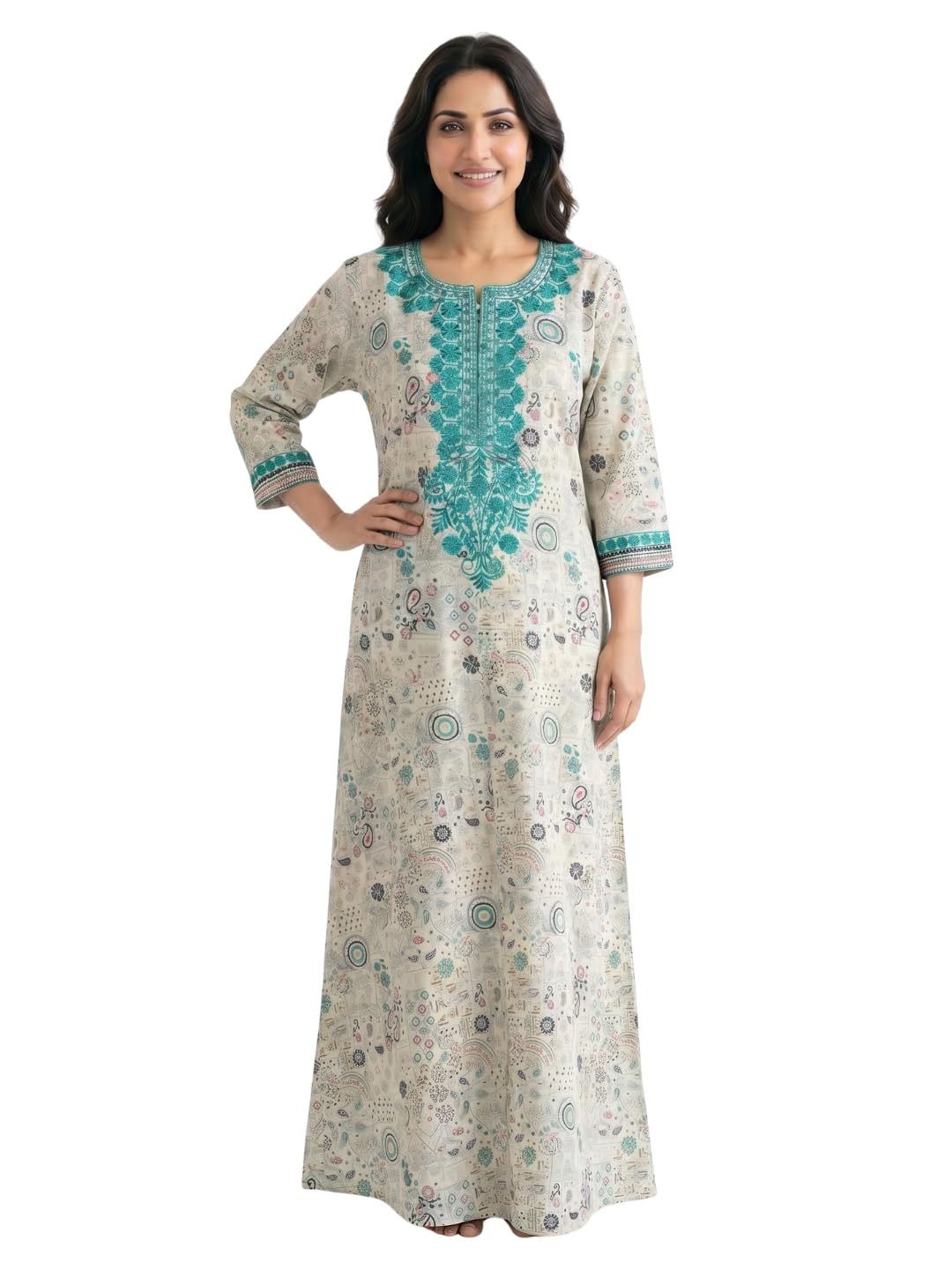 sanaa Women Printed Embroidered Viscose Kaftan Nightdress-picture-49