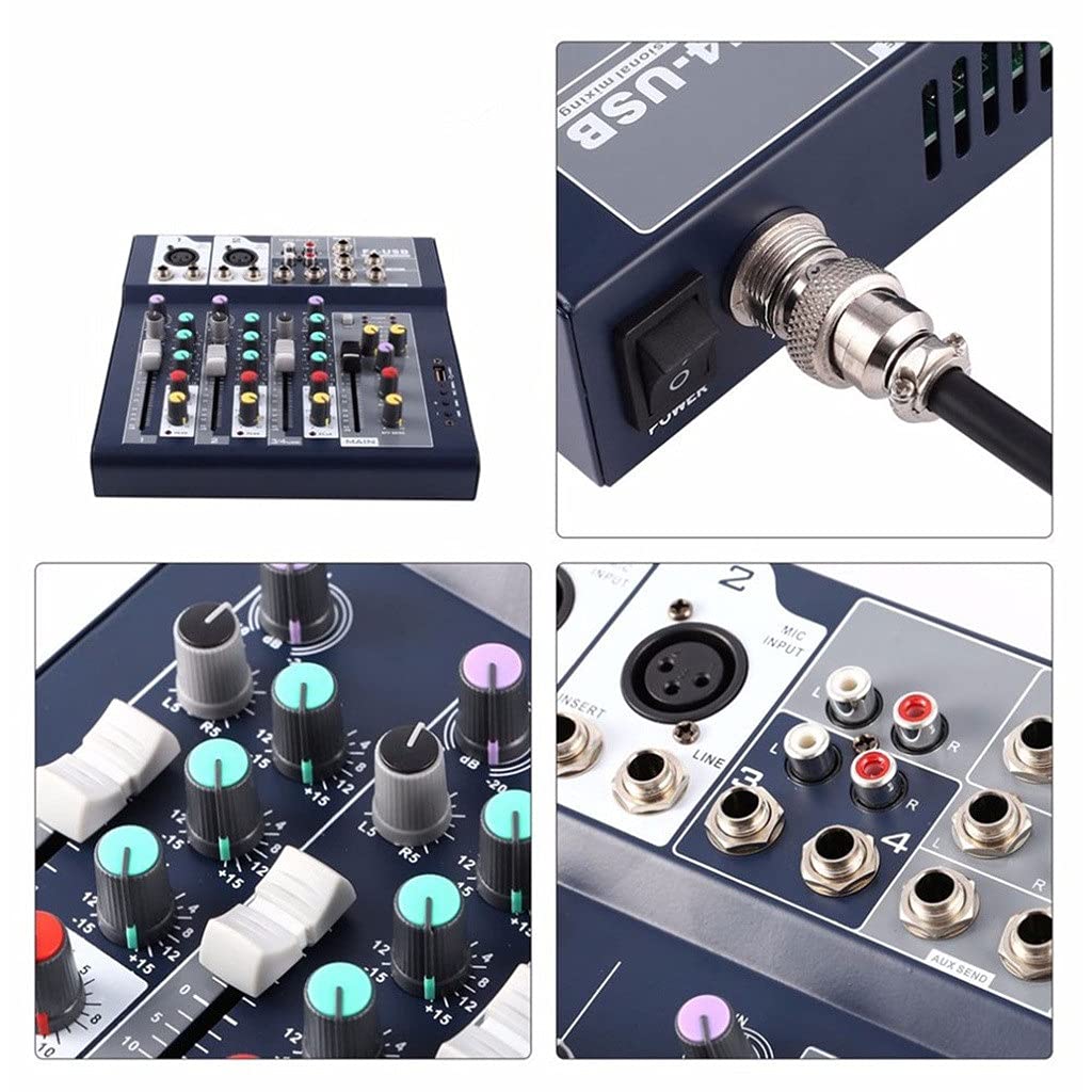 Mezclador Profesional Mezclador de 4 Canales y 2 Buses con Entrada de Reproductor Bluetooth/USB/mp3 Potencia de 48v para Grabar música de Escenario DJ