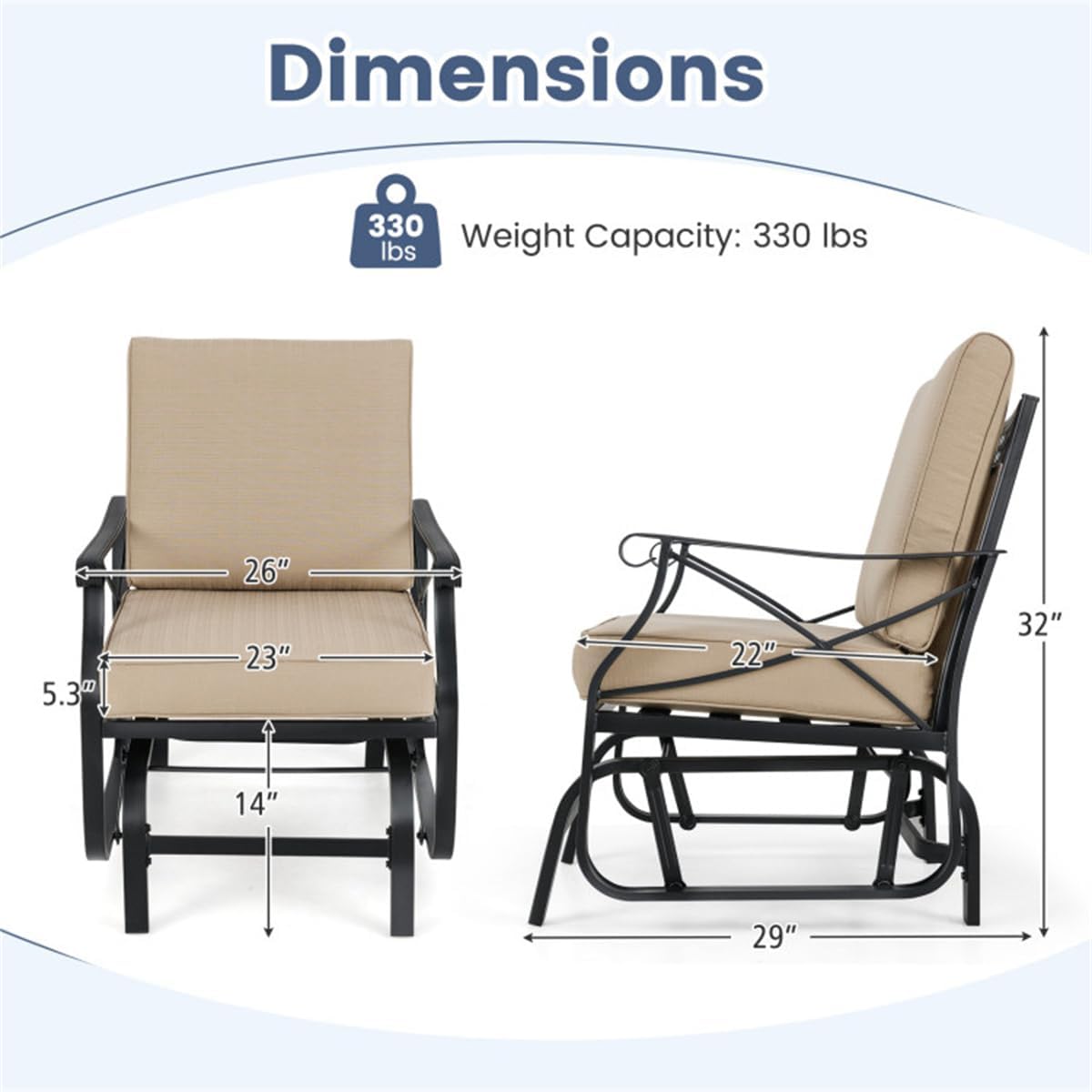 Black Metal Patio Glider Chair, 330 lbs Capacity Outdoor Rocking Bench with Brown Washable Cushion, Ergonomic 2-Seater Porch Glider for Garden, Deck, Backyard, Heavy Duty Metal Patio Rocking Bench